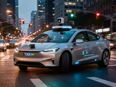 Ein autonomes Robotaxi fährt in der Dämmerung durch eine Stadtstraße im professionellen urbanen Transportbetrieb. - Foto: über boerse-global.de