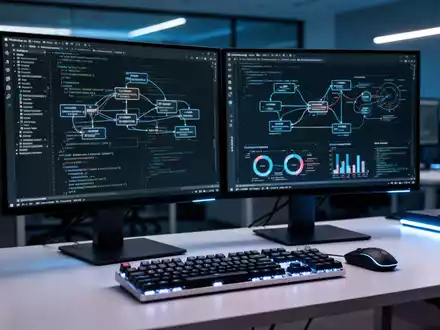 Ein moderner Entwickler-Arbeitsplatz mit Bildschirmen, die komplexen Programmcode und Datenstrukturen anzeigen. - Foto: über boerse-global.de