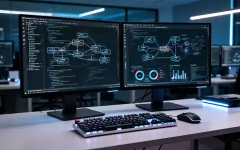 Ein moderner Entwickler-Arbeitsplatz mit Bildschirmen, die komplexen Programmcode und Datenstrukturen anzeigen. - Foto: über boerse-global.de