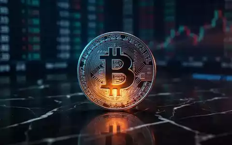 Ein glänzendes Bitcoin-Symbol auf dunklem Marmor vor einem unscharfen Hintergrund mit Finanzdaten. - Foto: über boerse-global.de