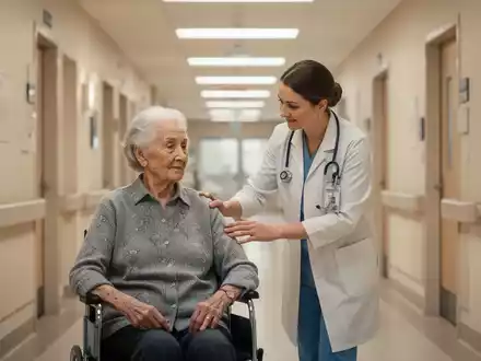 Eine Pflegekraft begleitet eine ältere Person in einem hellen, modernen Krankenhausflur. - Foto: über boerse-global.de
