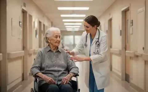 Eine Pflegekraft begleitet eine ältere Person in einem hellen, modernen Krankenhausflur. - Foto: über boerse-global.de