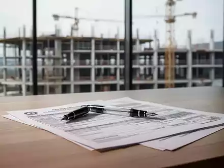 Ein Schreibtisch mit Steuerdokumenten und Füllfederhalter vor einer modernen Baustelle als Symbol für das Reverse-Charge-Verfahren. - Foto: über boerse-global.de