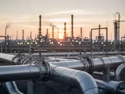 Moderne Energieinfrastruktur mit Gaspipelines vor einem industriellen Hintergrund bei Sonnenuntergang. - Foto: über boerse-global.de