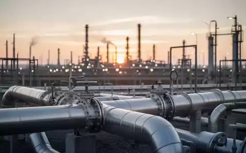 Moderne Energieinfrastruktur mit Gaspipelines vor einem industriellen Hintergrund bei Sonnenuntergang. - Foto: über boerse-global.de