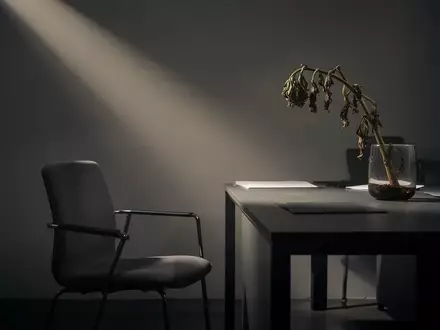 Ein minimalistischer Arbeitsplatz mit einem leeren Stuhl und einer welken Pflanze, der ein Gefühl von emotionaler Erschöpfung vermittelt. - Foto: über boerse-global.de