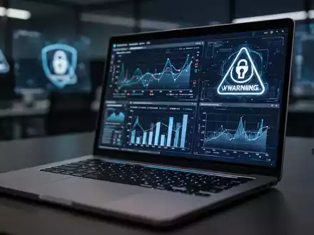 Ein Laptop-Bildschirm mit komplexen Datenvisualisierungen und Cybersicherheits-Symbolen in einem modernen Büro. - Foto: über boerse-global.de