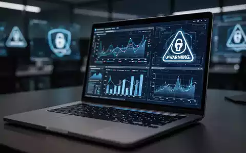 Ein Laptop-Bildschirm mit komplexen Datenvisualisierungen und Cybersicherheits-Symbolen in einem modernen Büro. - Foto: über boerse-global.de