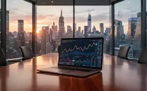 Ein Laptop mit Börsencharts auf einem Konferenztisch mit Blick auf die Stadtsilhouette. - Foto: über boerse-global.de