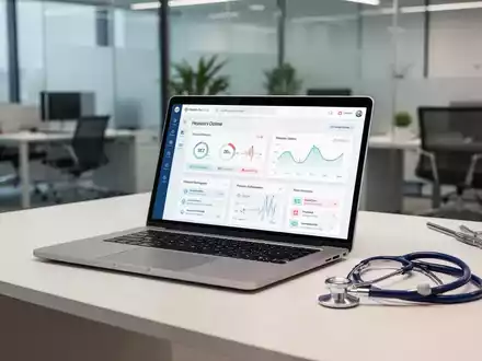 Ein moderner Arbeitsplatz mit Laptop und Stethoskop als Symbol für die digitale arbeitsmedizinische Betreuung. - Foto: über boerse-global.de
