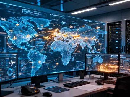 Digitale Überwachungsmonitore in einer hochmodernen Kontrollzentrale zur Sicherung der Luftverkehrsinfrastruktur. - Foto: über boerse-global.de