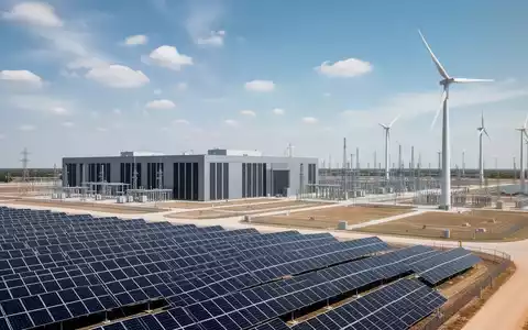 Ein modernes Rechenzentrum neben einer großen Energieanlage mit Solarpaneelen und Turbinen unter weitem Himmel. - Foto: über boerse-global.de
