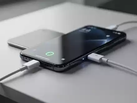 Ein modernes Smartphone an einem Ladekabel auf einem minimalistischen Schreibtisch. - Foto: über boerse-global.de