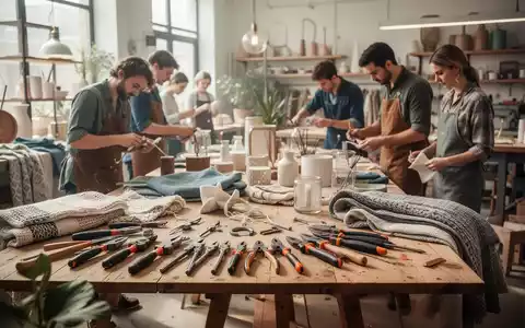 Menschen bei der gemeinsamen Reparatur und Aufwertung von Textilien und Alltagsgegenständen in einer modernen Werkstatt. - Foto: über boerse-global.de