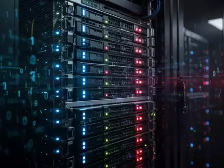Ein Serverraum mit leuchtenden Anzeigeleuchten symbolisiert einen Cyberangriff auf die IT-Infrastruktur. - Foto: über boerse-global.de