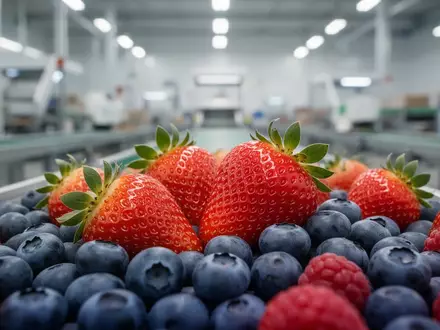 Frische Erdbeeren und Heidelbeeren in einer modernen Logistikumgebung als Symbol für nachhaltige Lieferketten. - Foto: über boerse-global.de