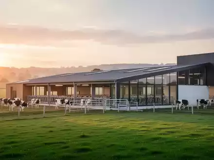 Moderne, nachhaltige Milchwirtschaftsanlage bei Sonnenuntergang als Symbol für klimaneutrale Produktion. - Foto: über boerse-global.de
