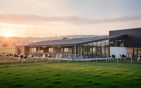 Moderne, nachhaltige Milchwirtschaftsanlage bei Sonnenuntergang als Symbol für klimaneutrale Produktion. - Foto: über boerse-global.de