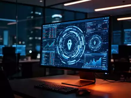 Leuchtender Computerbildschirm in dunklem Büro mit komplexen Datenmustern und Cyberbedrohungen. - Foto: über boerse-global.de