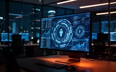 Leuchtender Computerbildschirm in dunklem Büro mit komplexen Datenmustern und Cyberbedrohungen. - Foto: über boerse-global.de