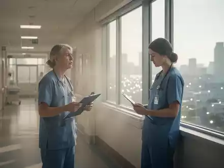 Erschöpftes Klinikpersonal in einem modern beleuchteten Krankenhausflur vor einem Fenster mit sommerlichem Hitzeflimmern. - Foto: über boerse-global.de