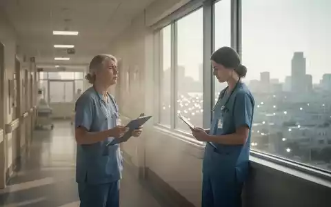 Erschöpftes Klinikpersonal in einem modern beleuchteten Krankenhausflur vor einem Fenster mit sommerlichem Hitzeflimmern. - Foto: über boerse-global.de