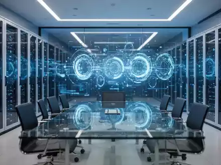 Modernes Büro mit Server-Infrastruktur und digitaler Datenvisualisierung im Hintergrund als Symbol für KI-Strategie. - Foto: über boerse-global.de
