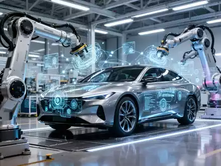 Hightech-Automobilmontagelinie mit fortschrittlicher Robotik und Sensoren für die intelligente Fahrzeugfertigung. - Foto: über boerse-global.de