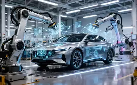 Hightech-Automobilmontagelinie mit fortschrittlicher Robotik und Sensoren für die intelligente Fahrzeugfertigung. - Foto: über boerse-global.de