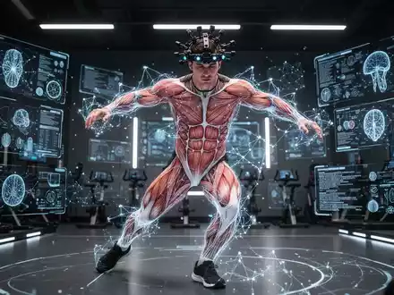 Ein Sportler mit Sensoren am Kopf in einem modernen Labor, umgeben von digitalen Visualisierungen neuronaler Trainingsdaten. - Foto: über boerse-global.de