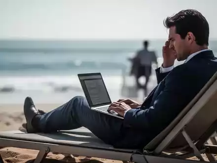 Eine gestresste Person arbeitet am Laptop auf einer Strandliege, während sie eigentlich im Urlaub sein sollte. - Foto: über boerse-global.de