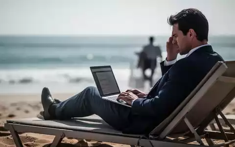 Eine gestresste Person arbeitet am Laptop auf einer Strandliege, während sie eigentlich im Urlaub sein sollte. - Foto: über boerse-global.de