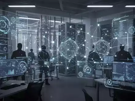 Abstraktes digitales Interface mit Datenvisualisierungen und Netzwerkstrukturen in einem modernen IT-Kontrollzentrum. - Foto: über boerse-global.de