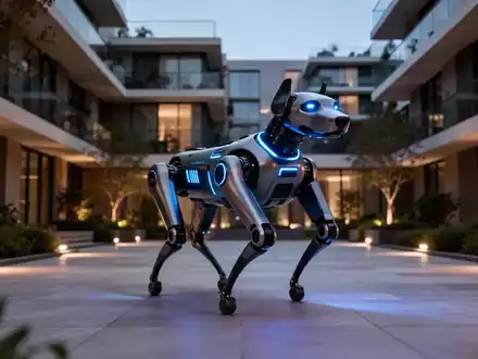 Ein KI-gestützter Roboterhund patrouilliert autonom in einem modernen Wohnkomplex bei Dämmerung. - Foto: über boerse-global.de