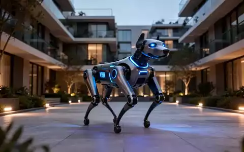 Ein KI-gestützter Roboterhund patrouilliert autonom in einem modernen Wohnkomplex bei Dämmerung. - Foto: über boerse-global.de