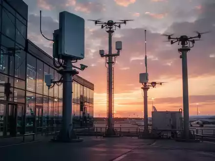 Modernes Forschungszentrum für Drohnensicherheit mit Radartechnik auf einem Flugfeld bei Sonnenuntergang. - Foto: über boerse-global.de