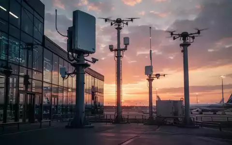 Modernes Forschungszentrum für Drohnensicherheit mit Radartechnik auf einem Flugfeld bei Sonnenuntergang. - Foto: über boerse-global.de