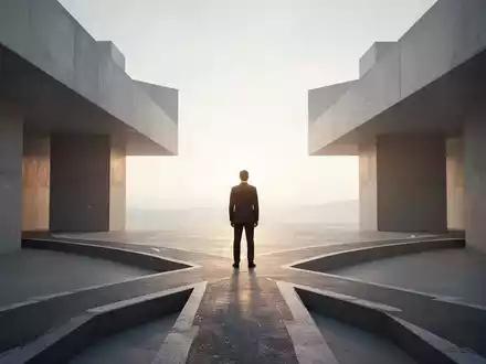 Eine Person steht an einer architektonischen Weggabelung und blickt auf einen hellen Horizont als Symbol für den Neuanfang. - Foto: über boerse-global.de