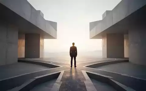 Eine Person steht an einer architektonischen Weggabelung und blickt auf einen hellen Horizont als Symbol für den Neuanfang. - Foto: über boerse-global.de