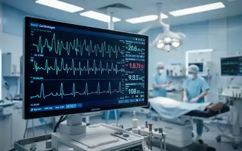 Digitaler Monitor mit EKG-Kurven und Blutdruckdaten in einer modernen kardiologischen Praxis. - Foto: über boerse-global.de