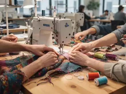 Menschen arbeiten gemeinsam in einer Nähwerkstatt an der Reparatur und Aufwertung von Textilien. - Foto: über boerse-global.de