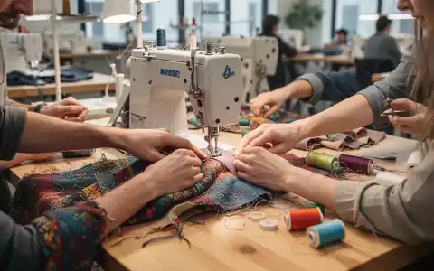 Menschen arbeiten gemeinsam in einer Nähwerkstatt an der Reparatur und Aufwertung von Textilien. - Foto: über boerse-global.de