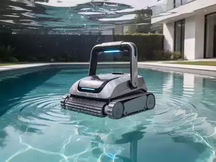 Ein moderner Pool-Reinigungsroboter unter Wasser in einem privaten Schwimmbecken bei klarem Tageslicht. - Foto: über boerse-global.de
