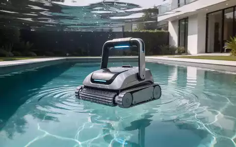 Ein moderner Pool-Reinigungsroboter unter Wasser in einem privaten Schwimmbecken bei klarem Tageslicht. - Foto: über boerse-global.de