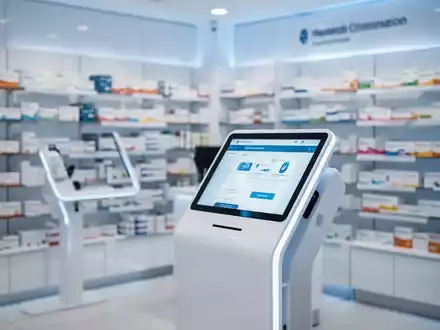 Moderne Apothekeneinrichtung mit digitalem Terminal und verschwommenen Medikamentenverpackungen im Hintergrund. - Foto: über boerse-global.de
