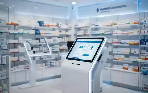 Moderne Apothekeneinrichtung mit digitalem Terminal und verschwommenen Medikamentenverpackungen im Hintergrund. - Foto: über boerse-global.de
