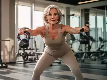 Eine selbstbewusste Frau über 50 beim gezielten Krafttraining mit einer Kettlebell in einem modernen Fitnessstudio. - Foto: über boerse-global.de