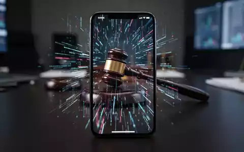 Ein Smartphone mit digitalen Datenströmen neben einem unscharfen Richterhammer in einer professionellen Büroumgebung. - Foto: über boerse-global.de