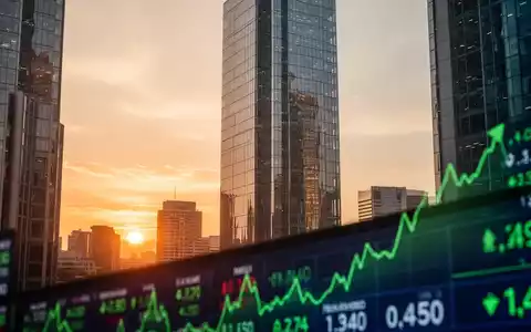 Moderner Wolkenkratzer im Finanzviertel vor einer goldenen Skyline mit angedeuteten, steigenden Börsenkursen. - Foto: über boerse-global.de