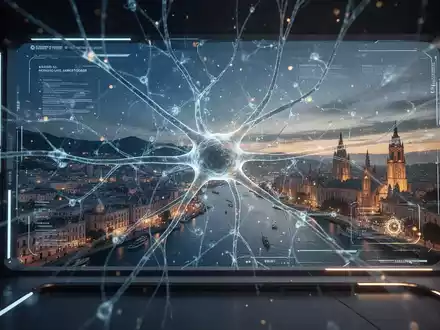 Abstrakte digitale Darstellung eines neuronalen Netzwerks über einer Reiseplattform-Grafik, die technisches Wachstum symbolisiert. - Foto: über boerse-global.de